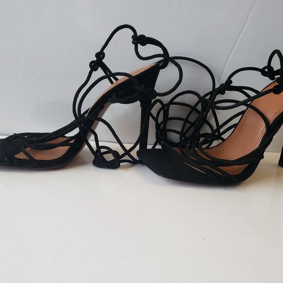 ASOS DESIGN Nina strappy tie leg heeled sandals in black size 5 - Picture 1 of 15